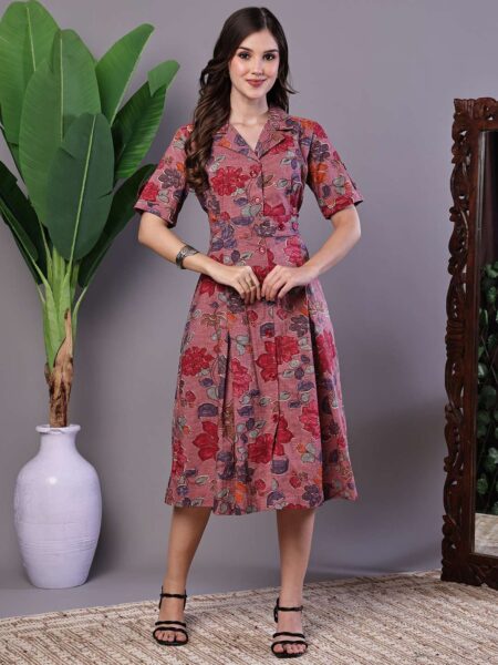 Women's Pink Floral Cotton Pleated Midi Dress with Collar
