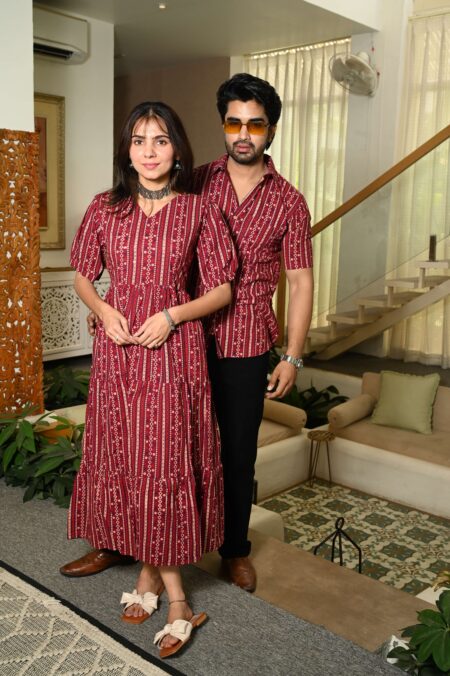 Couple Matching Maroon Cotton Anarkali Midi Dress and Shirt Set ? Vertical Stripe Ethnic Print